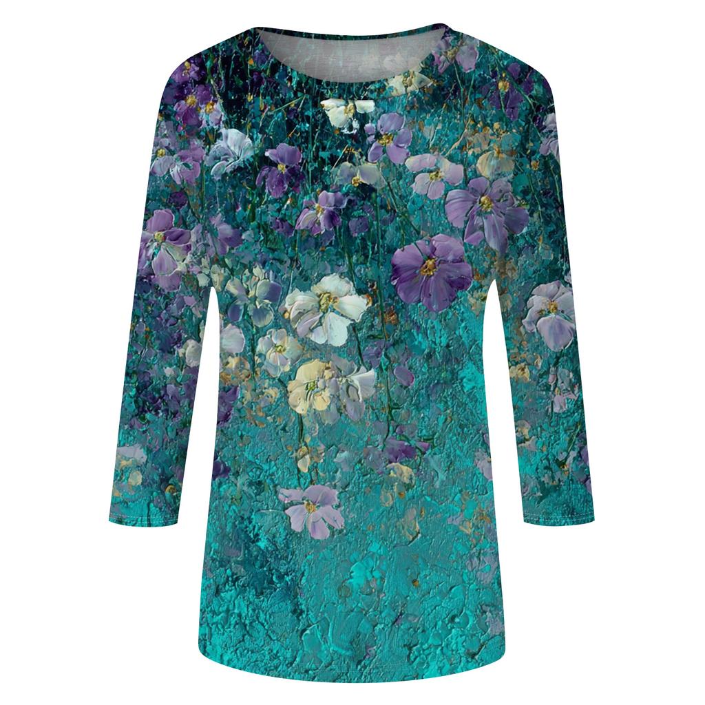 Mote Casual Rund Hals 3/4 Erme Løs Trykket T-skjorte Dame Topp