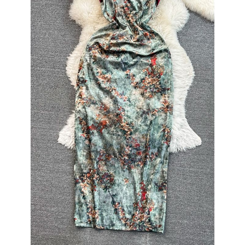 Retro Chinese Velvet Split Sling Dress Tube Top