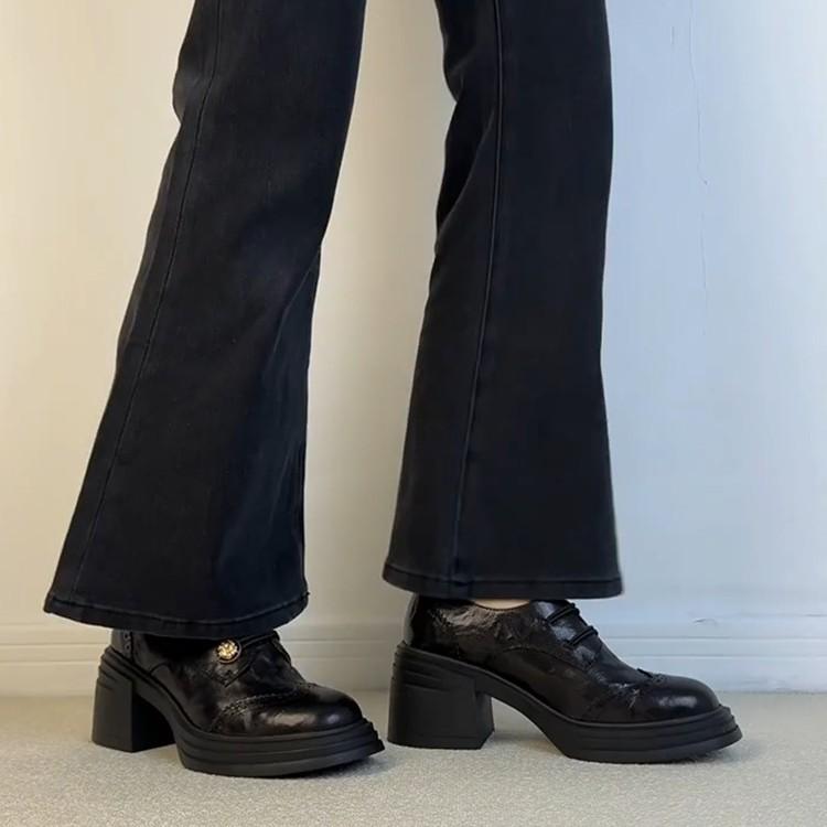 Sheepskin Version~ British Style Brock Small Leather Shoes Women's Waterproof Table High-heeled Leather Single Shoes Button Thick-heeled Loafers