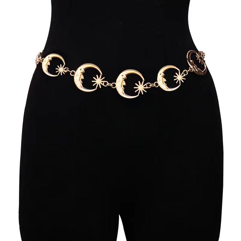 Crescent Moon & Sunflower Metal Waist Chain for Women - Adjustable Waistband Body Decoration