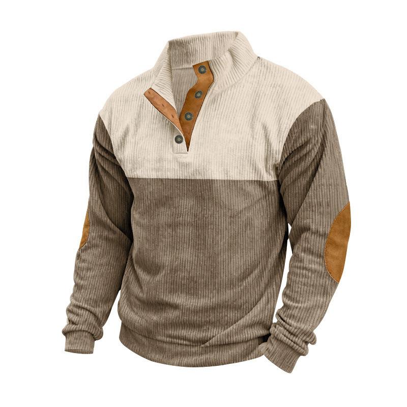 New Men's Corduroy Patchwork Contrast Collar Oversized Long-Sleeved Knitted Sweatshirt