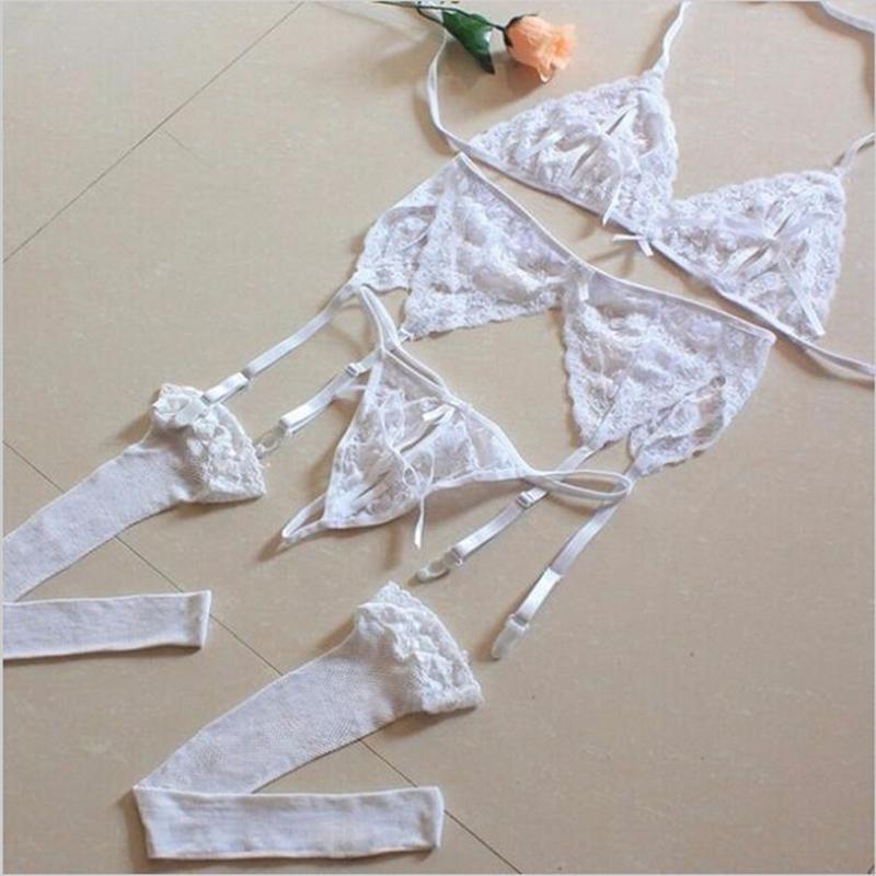 4 Pieces/set Women's Lace Lingerie Set Sexy Underwear Hollow Opening Bra Thong Garter Net Stockings Set Erotic Exotic Underwear