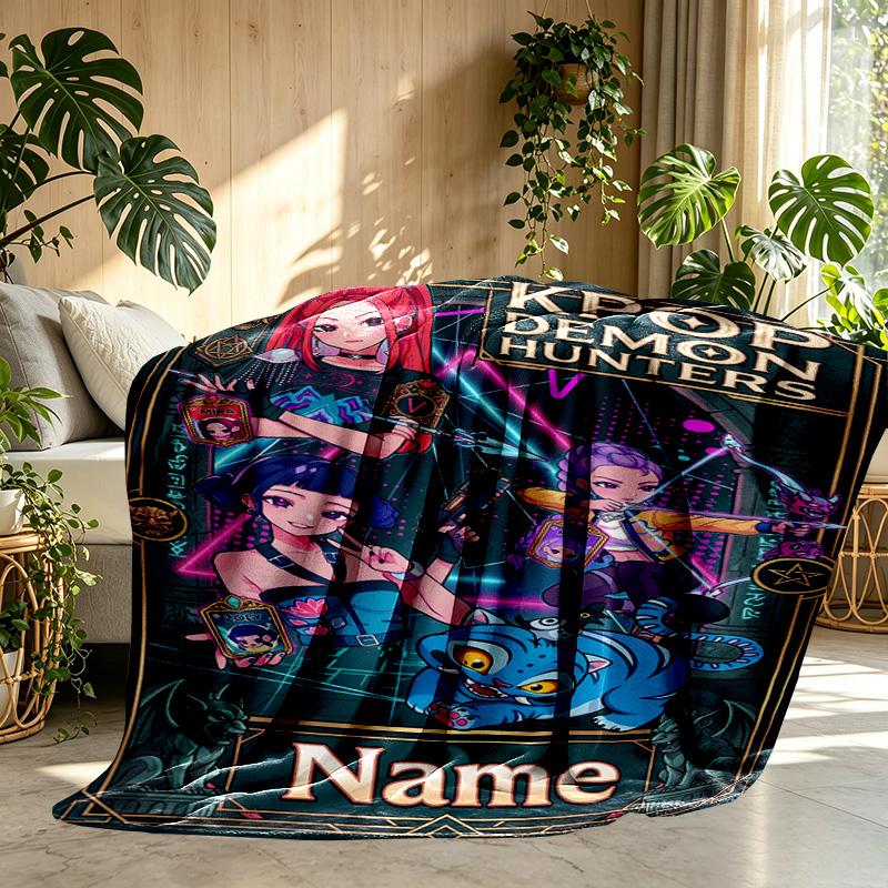 Custom Name Personalized Kpop Demon Hunter Print Blanket, Home Decor, Bedroom, Sofa, Camping, Couch, Gifts for Birthday Christmas