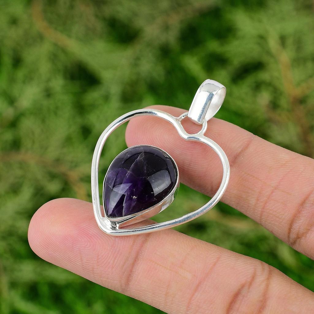 Dzień Córki Oferta Ametyst Chevron Kamień Szlachetny Srebro 925 Matka Serce Nowy Wisiorek
