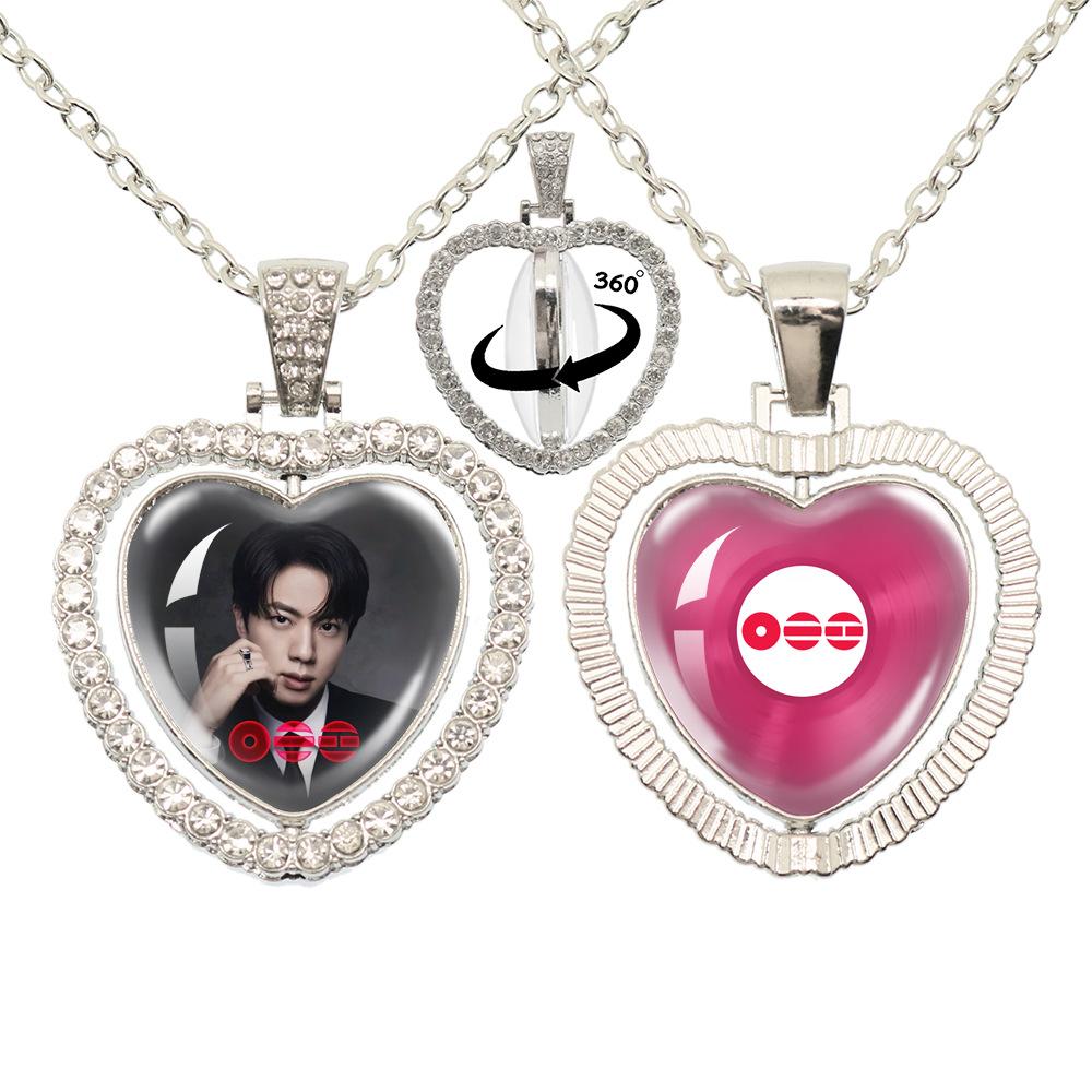 BTS Doppelseitige 360° drehbare Herz Halskette, Bangtan Boys Gruppe & Mitgliedsfoto Anhänger, Kpop ARMY Fans Schmuck Geschenk