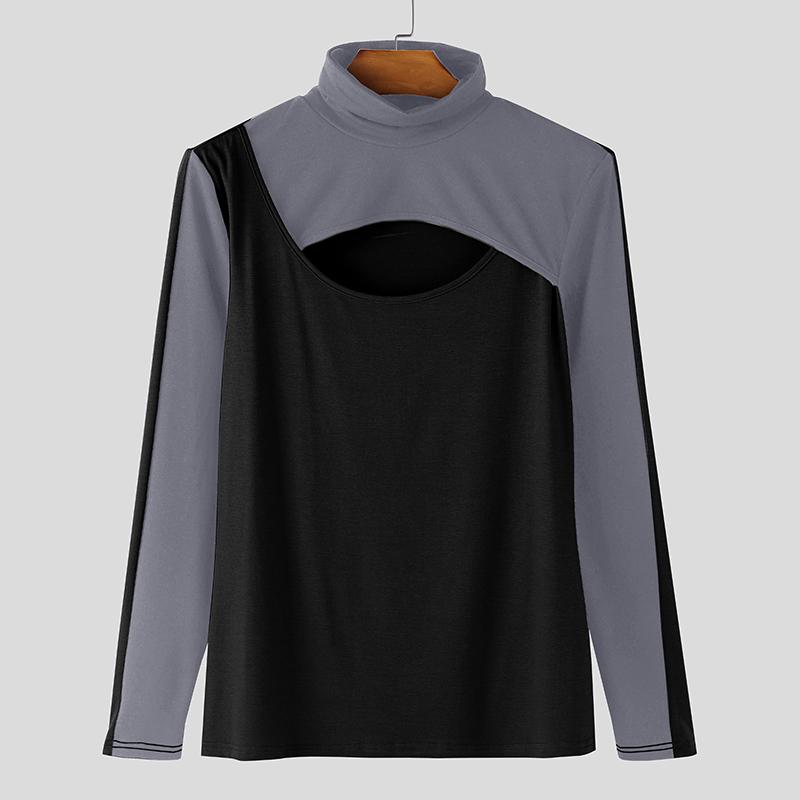 INCERUN Men High Neck Long Sleeve Stitching Patchwork Casual Fitted Tops T-shirts 4XL чёрный
