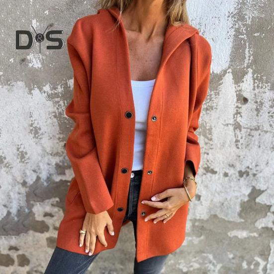 Fall Winter Women Coat Hooded Button-down Solid Color Thick Pockets Loose Cardigan Mid Length Outdoor Travel Shopping Dating Overcoat