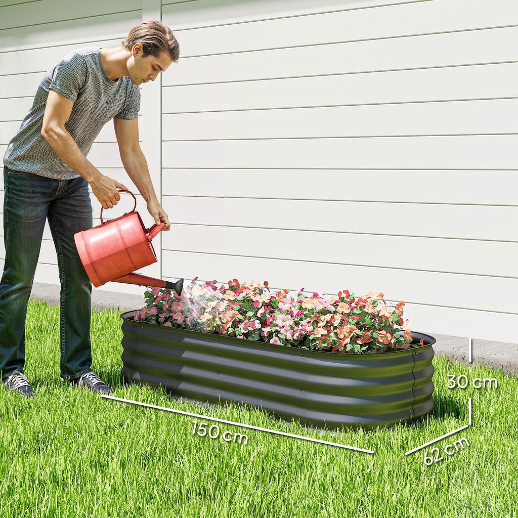 Galvanised Raised Garden Bed, Metal Planter Box with Safety Edging, for Flowers, Herbs, Succulents, Dark Grey