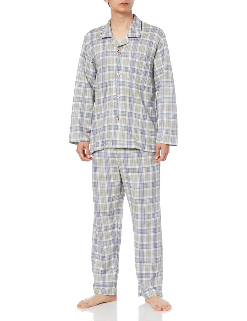 Gunze WARM PLUS Warm Long Long Front Soft Beige Men's Pajamas, Back, Sleeves, Pants, Opening, Quilted/Polypropylene Quilted,