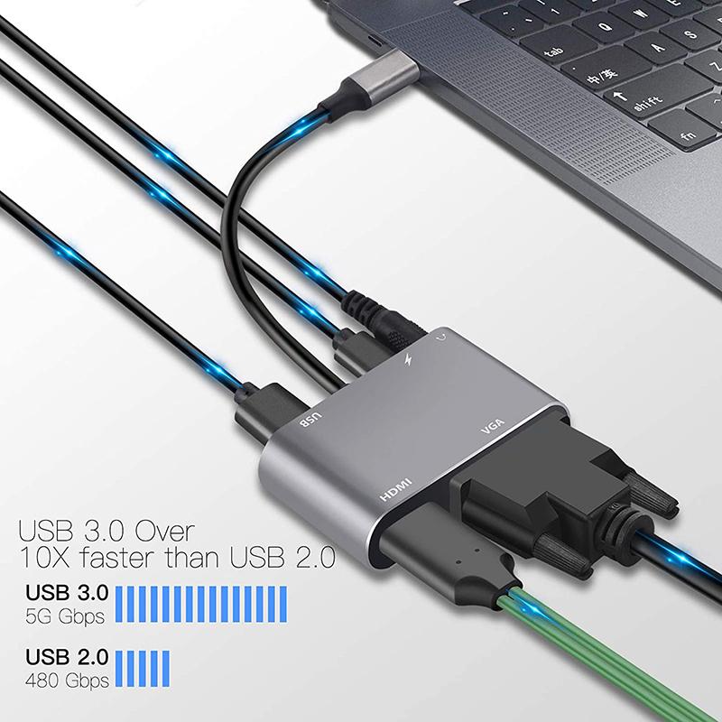 USB C Hub 4 In 1 / 5 In 1 Type C 3.0 Adapter To 4K Compatible-HDMI VGA USB 3.0 PD Fast Charge Splitter Extend Adapter for Laptop