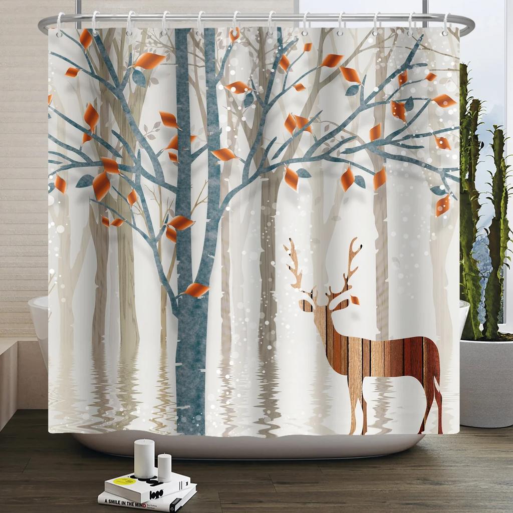 Forest Animals Shower Curtain jungle Trees Plant Wildlife Bird Bear Elk Fox Deer Modern Minimalist Kids Bathroom Shower Curtain