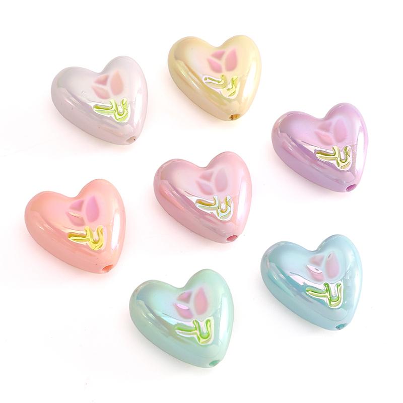 2pcs [20x19mm] Tulip Love Heart Beads Cream Peach Heart Acrylic Beads Mobile Phone Chain Backpack Ornaments DIY Accessories