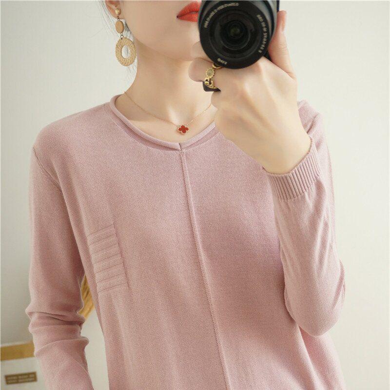 Baumwollpullover im koreanischen Stil mit gerolltem Saum und Rundhalsausschnitt für Damen, langärmlig und locker geschnitten