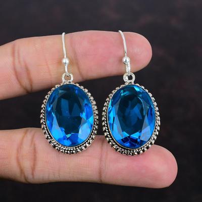 Faceted Swiss Blue Topaz Earring Vintage Gemstone Earrings 925 Sterling Silver Earring Antique Jewelry Handmade Earrings Engagement Gifts