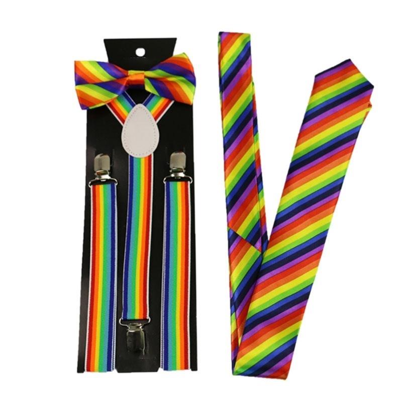 Clip on Suspenders+Striped Necktie+Bow Tie for Teen Girl Uniform Masquerades Tie