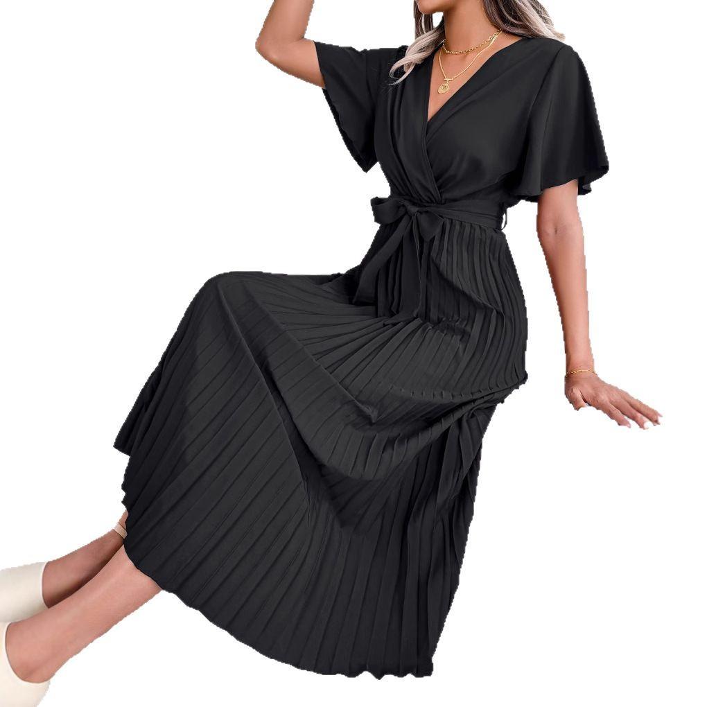 Women Cross V Neck Short Sleeve Solid High Waist Pleated Long Swing Dress