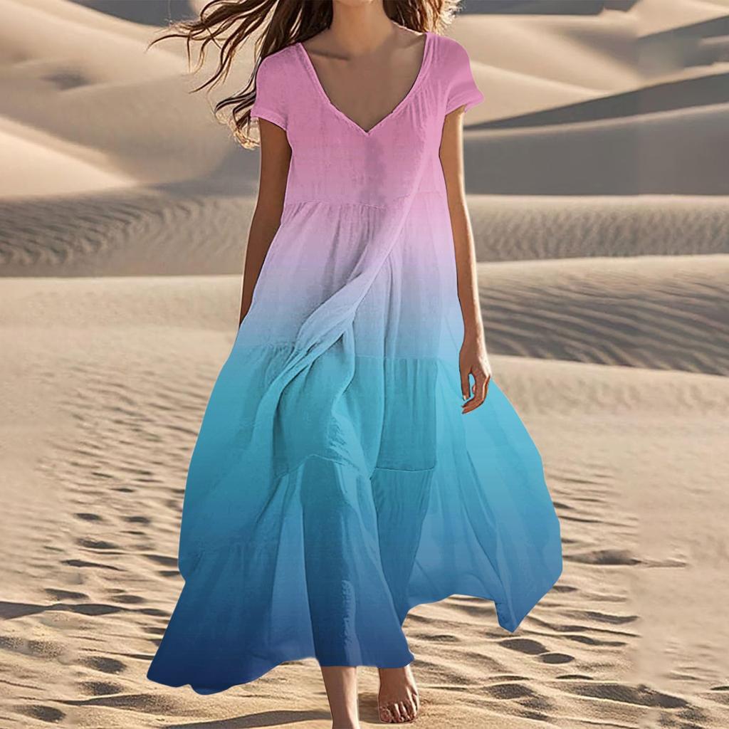 Women's Summer V-Neck Beach Long Short Sleeve Patchwork Gradient Dresses