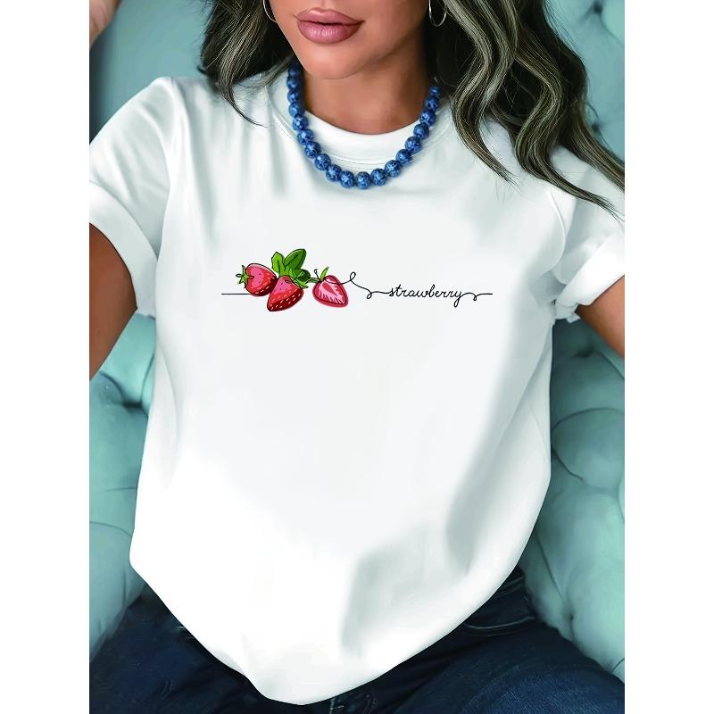Plus Size, Plus-size T-shirt with Strawberry Print, White Short-sleeve Round-neck Printed T-shirt - Machine Washable, Casual Style 2XL белый