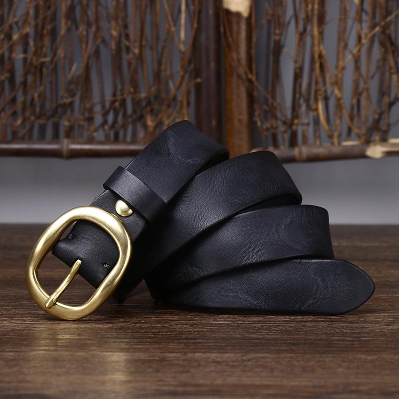 Retro Pleated Trendy Copper Buckle Belt Women'S Genuine Leather First Layer Pure Cowhide Versatile Jeans Belt