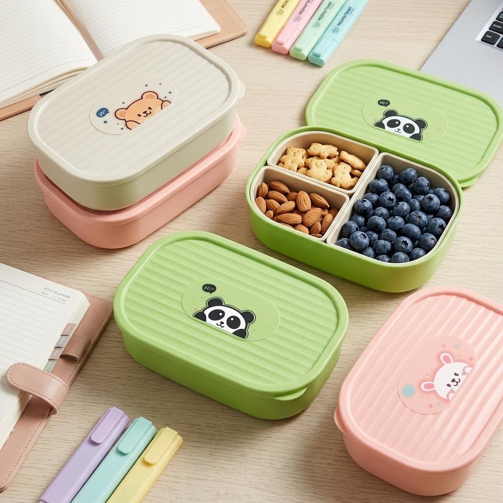 Cute Plastic Divided Lunch Box For Kids Students Portable Sealed Detachable 3 Grids Fruit Salad Food Container Microwave Safe