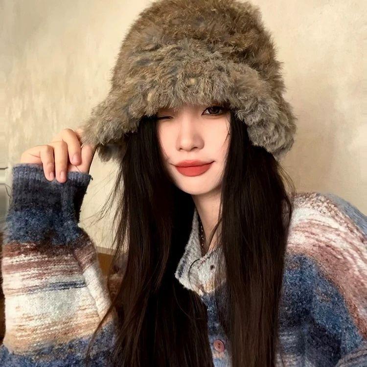 Women’s Hat Rabbit Fur Hat - Autumn Winter Warm Thickened Cold-proof Plush Bucket Hat