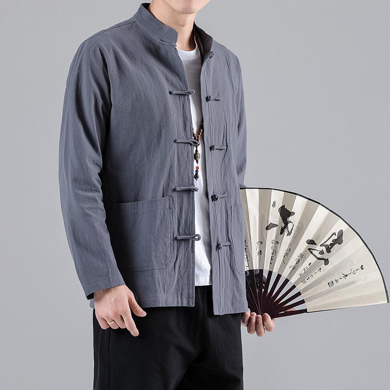 Men's Spring and Autumn Casual Ethnic Style Solid Color Long-sleeved Shirt