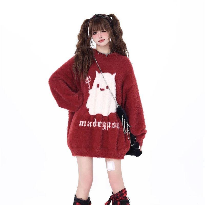 Ghost Pattern Red Women's Sweater Christmas Oversized Round Neck Knitted Shirt Loose Winter Fashion Woman Long Sleeved Top