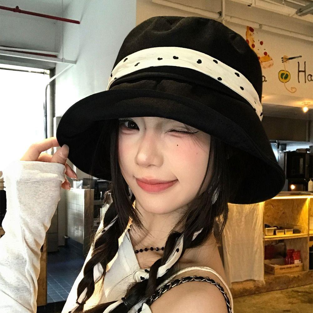 Fashion Polka Dot Ribbon Women Fisherman Hat Solid Color Lace Summer Sun Hat Wide Brim Sun Protection Sunscreen Visor Cap Ladies