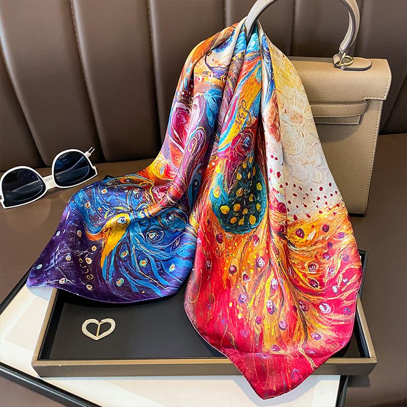 Blue Cherry Blossom Chessboard Mulberry Silk Scarf Female Simulation Silk Scarf Decorative Scarf Mom Shawl 70Cm Square Scarf