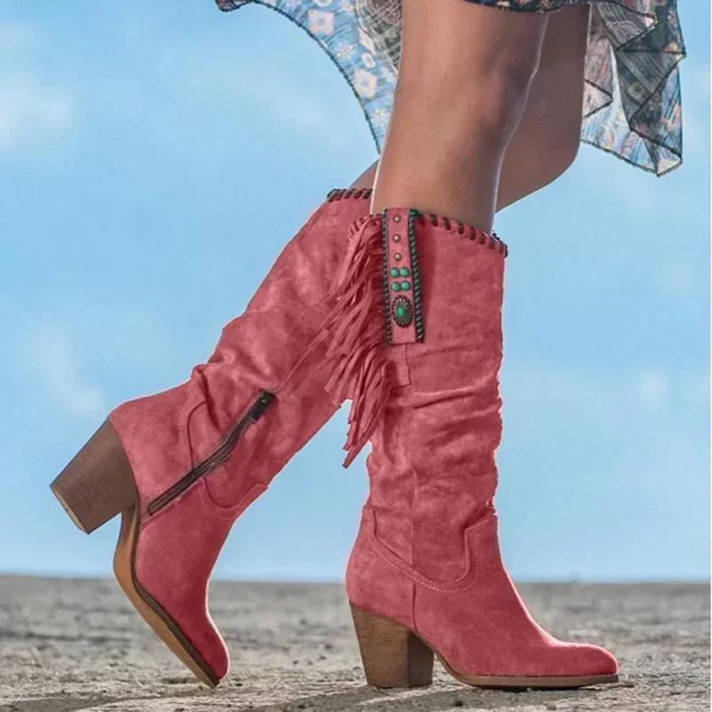 Fashion Women  High Boots Trend Retro Metal Buckle Pointed Toe Thick Heel Tassle Western Cowboy Boots Female Shoes Botas De Mujer 2024