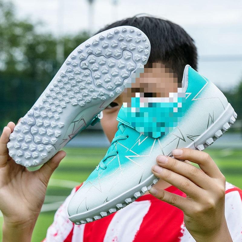 

Спортивные футбольные тренировочные туфли на липучках и шнурках для учеников начальной и средней школы, из искусственной травы, без кожи, детские футбольные бутсы сломанные шипы 39