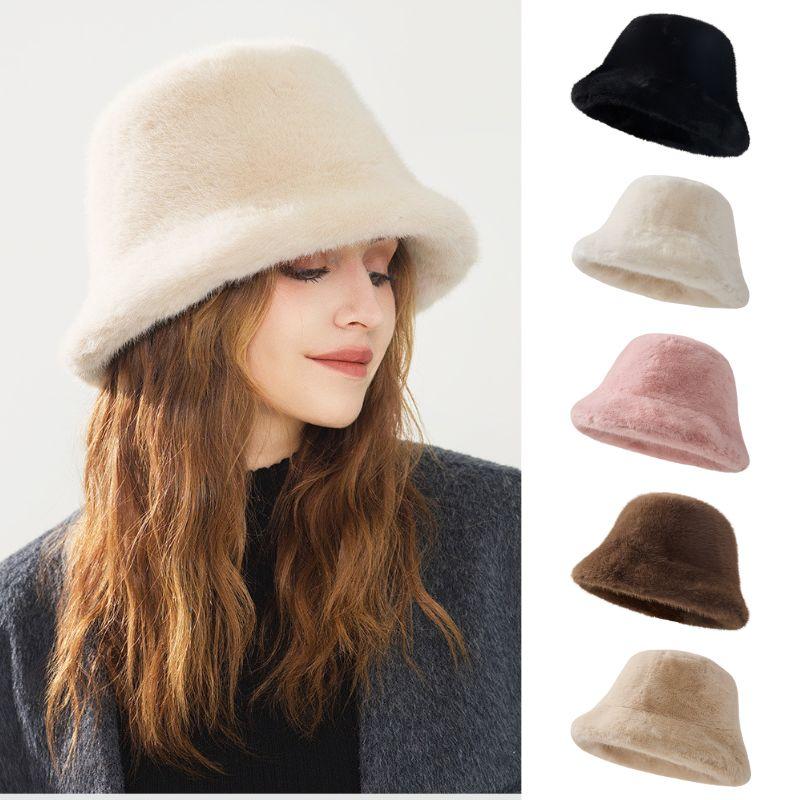 WHITE Faux Fur Fisherman Hats Antumn Winter Thickened Warm Bucket Hat Lady Outdoor Soft Snow Fur Cap Solid Wide Brim Caps