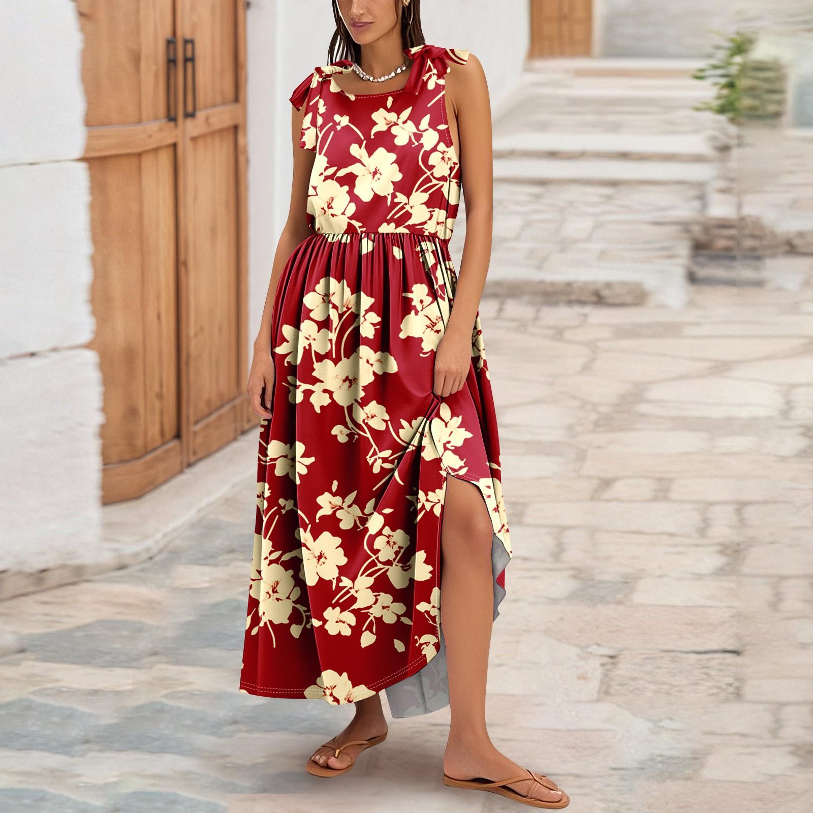 

Женское летнее модное платье-майка А-силуэта без рукавов повседневное платье с цветочным принтом/однотонными карманами XL красный