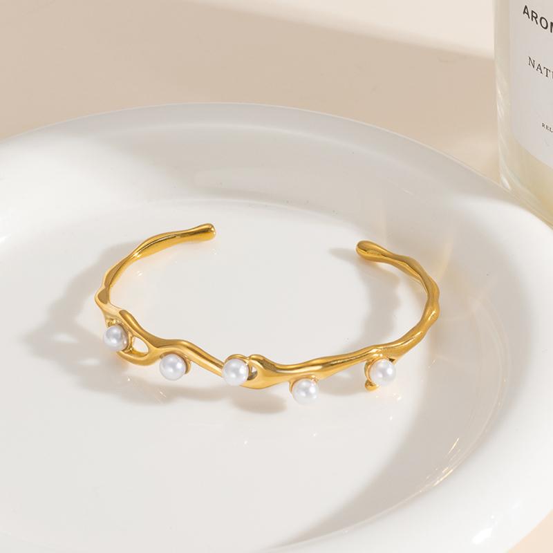 

316L Stainless Steel Pearl Irregular Cuff Bracelets Foxanry Elegant Fashion Non-fading Engagement Jewelry Gifts EL0063 золотий