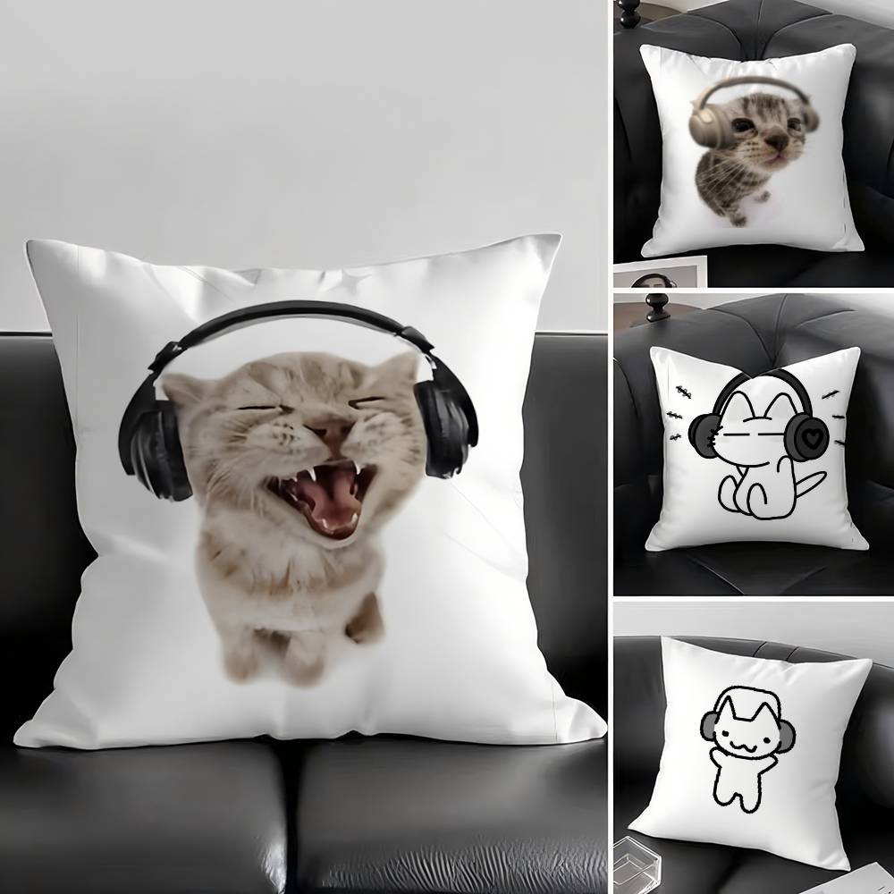 1pc Kitten With Headphones Pillow Case Square Bedroom Sofa Leisure Comfort Cushion Car Living Room Home Decoration