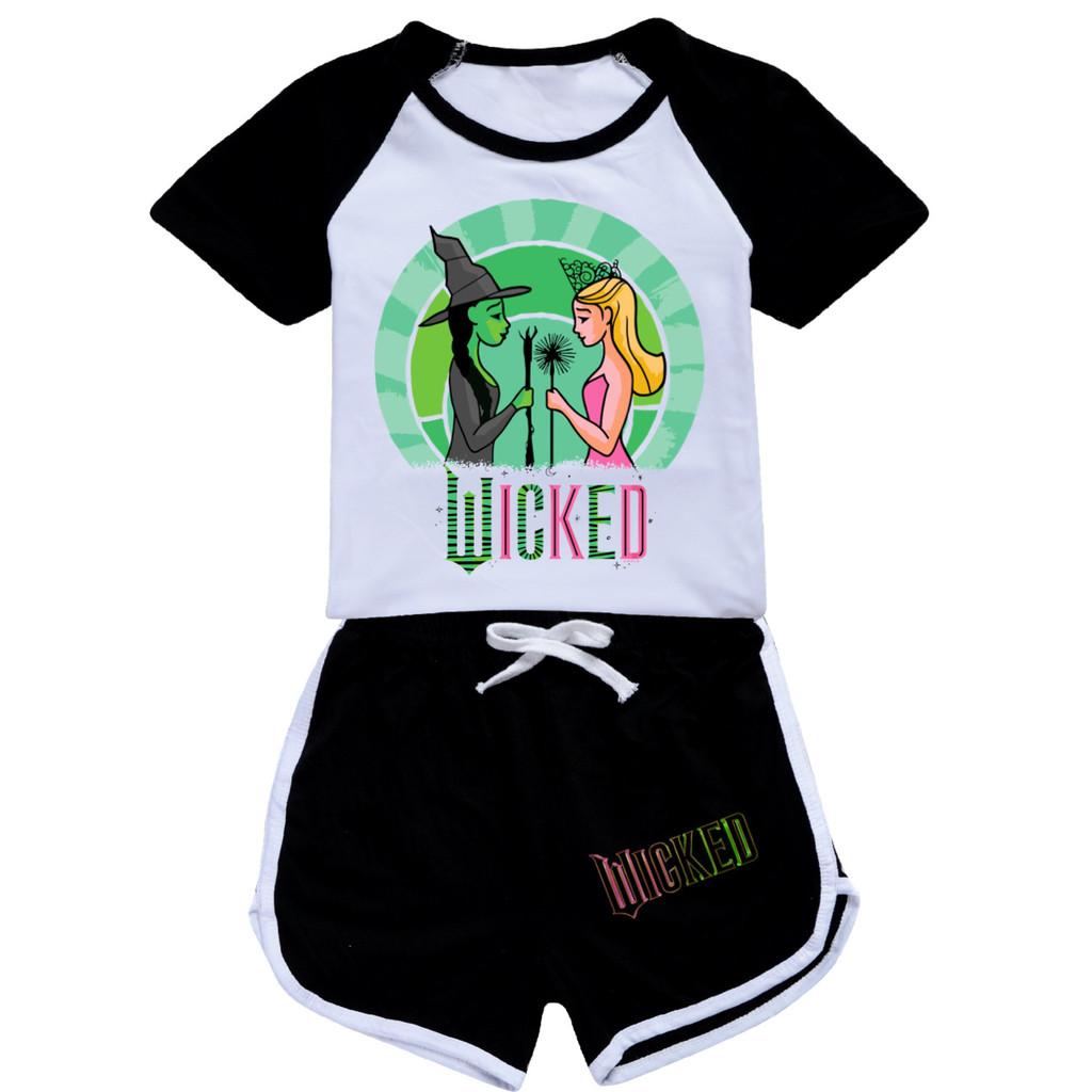 Kids Girls Witch Print Short Sleeves T-Shirt Shorts Pants Sport Clothes Set