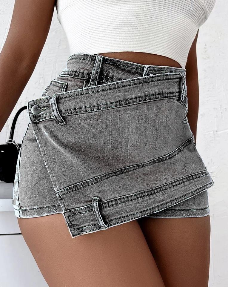 Women's High Waist Asymmetrical Overlap Denim Mini Skirt Light Blue