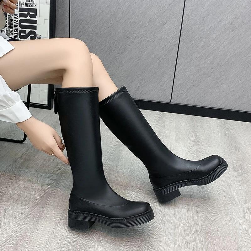 LazySeal Black White Knee Boots Square Toe Autumn Winter Zipper Fashion Women Boots 4.5cm Med Heels Modern Boots Big Size 44