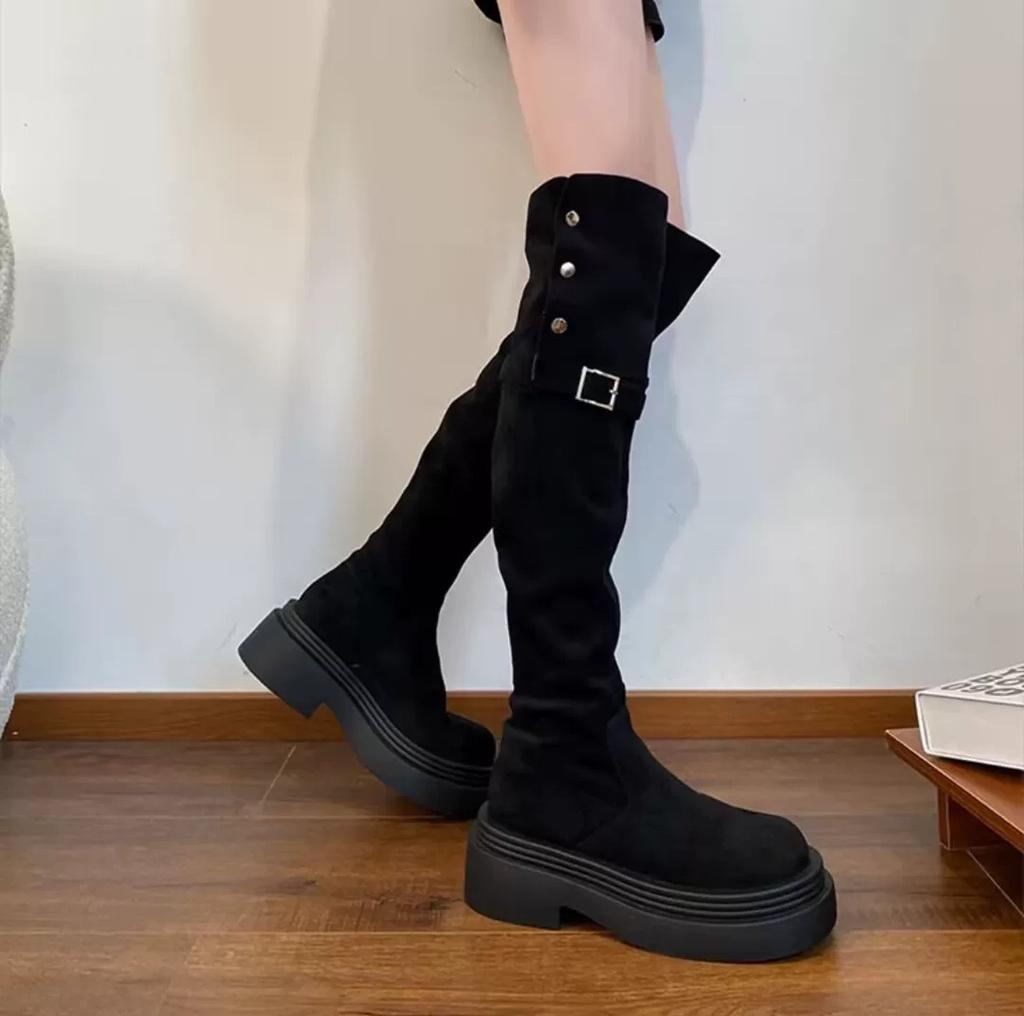 Belt Buckle Khaki Boots Women's New Autumn and Winter Two-wear Folded Thick-soled Knight Boots Over the Knee Thin Boots