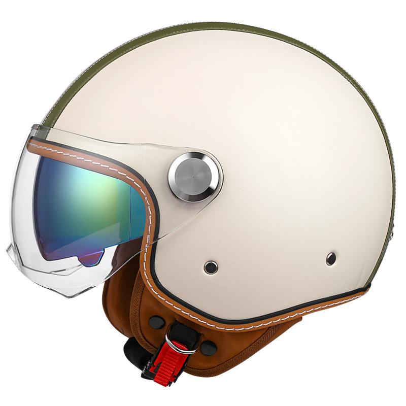 Double Striation Double Visor Leather Jet Helmets Daul Lens DOT Retro Open Face Motorcycle Helmets Double Visor Racing Helmet