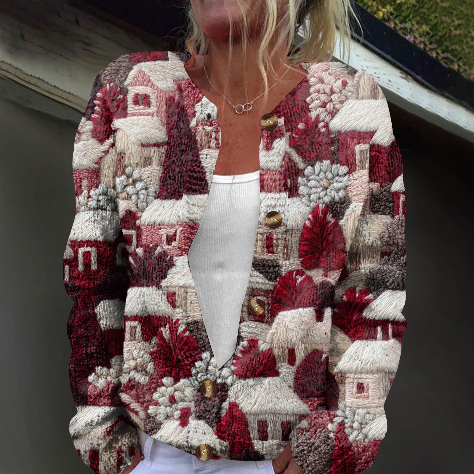 

Женская модная принтованная куртка с длинным рукавом и вязанным кардиганом на пуговицах XL винный