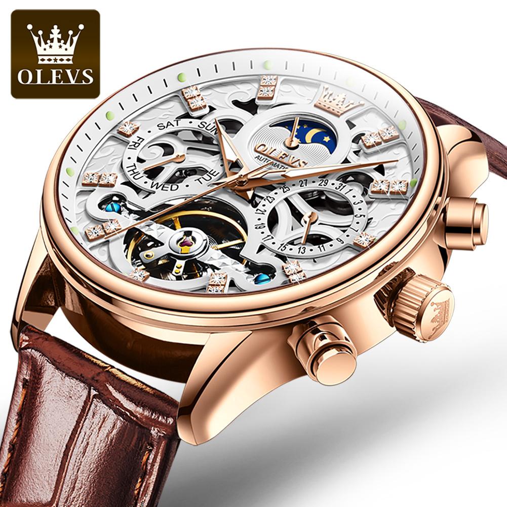 OLEVS 6658 Mens Watch Business Leather Strap Reloj Hollow out Mechanical Automatic Wristwatch Waterproof Luminous Watch For Man