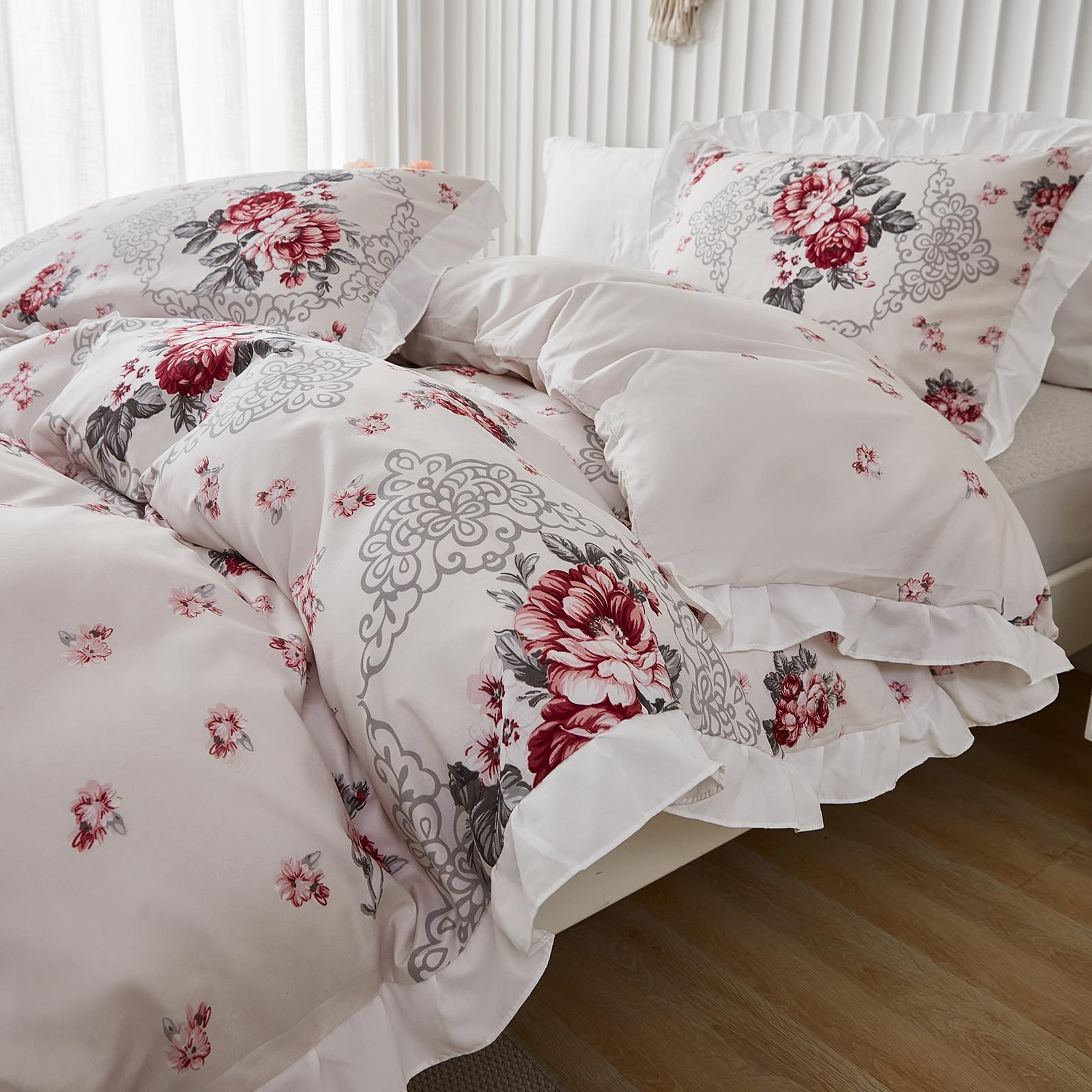 

3PCS Pink FLoral Duvet Cover Set Ruffled Chic Comforter Cover Boho Bed set soft lightweight Down Bedding Set for All season 135x200cm-UK-Single слоновая кость