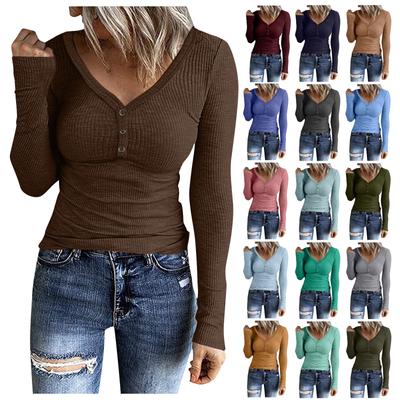 Women's Casual Long Sleeved V-neck Button Color Slim Fitting Top