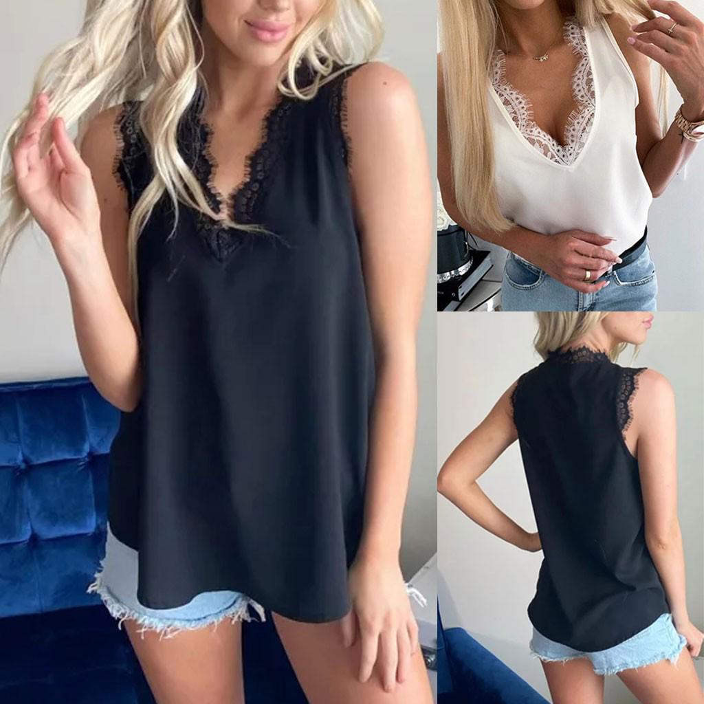 

Womens Chiffon Sleeveless Sexy V-Neck Lace Blouse Button Vest Patchwork Tank Top