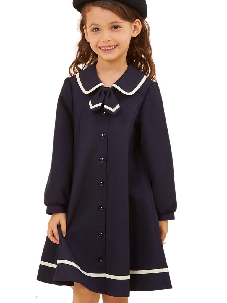 Chopin School Entrance Ceremony Sailor Long Piping Dress with Size Navy Girls' Dress, 2-Way, Collar, Sleeve, Ribbon, 110cm, (7376-2356)