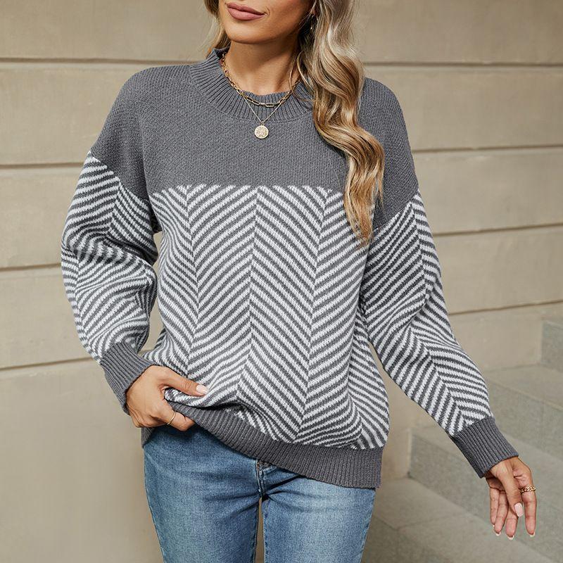 

Полосатый свитер 2024 Повседневный вязаный свитер с длинным рукавом Grey Stripes Sweater M