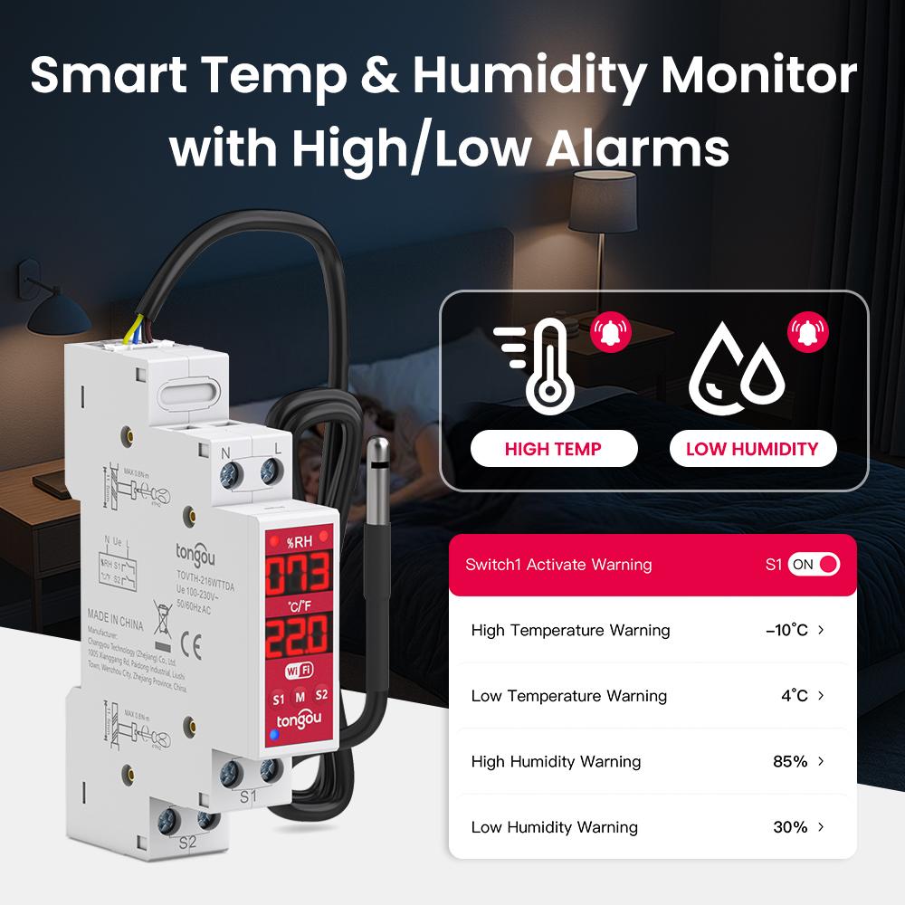 Tuya Temp & Humidity Sensor WiFi 2-Gang Smart Switch 18mm DIN Rail with , 3840W AC/300W DC, Timer, Smart Life/Alexa/Google