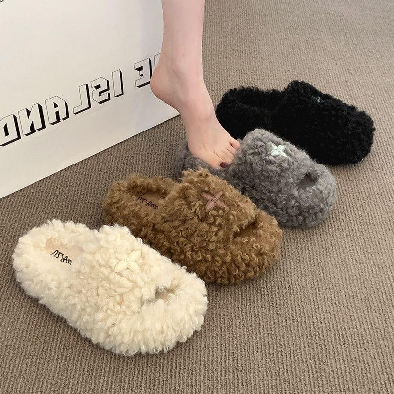 Fashion Non-Slip Plush Slippers Women Wear Soft Soles Comfortable Lazy Pedal Home Indoor Fluffy Shoes Drag