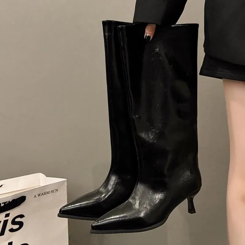 Autumn Winter Cosy Pointed Toe Woman Knee-High Boots Slip-On Low Thin Heels Cowboy Ladies Shoes Botas De Mujer Plus Size 41 42